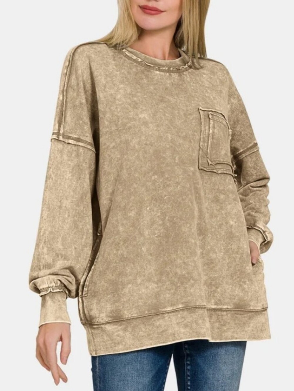 💎 Zenana Women's Top Exposed Seam Round Neck Dropped Shoulder Sweatshirt